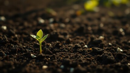 Fototapeta premium A single green sprout emerges from rich brown soil, symbolizing the promise of new life and growth