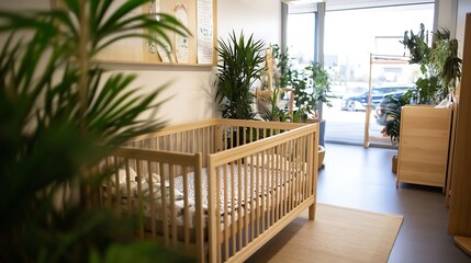 Cozy modern nursery room interior with natural wooden crib and lush green plants by a bright sunlit window : Generative AI
