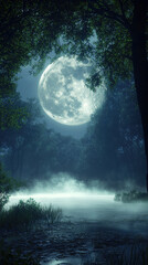 serene forest clearing under full moon, with mist rising from water. tranquil scene evokes sense of calm and wonder