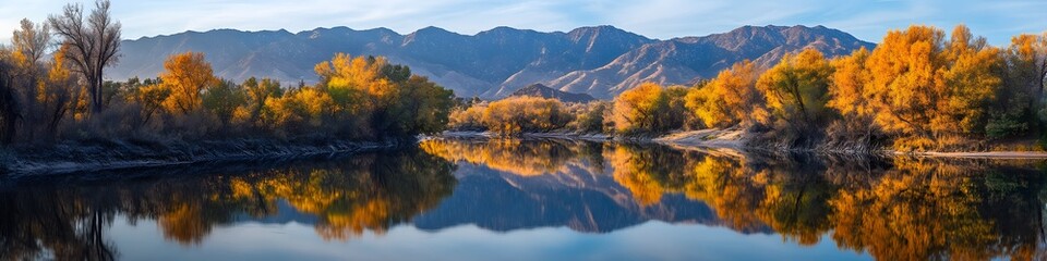 Obraz premium Wide-angle shot of the Azusa River reflecting the vibrant autumn trees, with layers of jagged peaks glowing under golden hour light, in 4K resolution