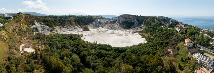 Aerial view of Solfatara in Pozzuoli, near Naples, Italy. It is a shallow volcanic crater part of...