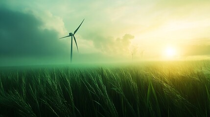 Fototapeta premium Green Field with Wind Turbines Under Cloudy Sky and Sunlight : Generative AI