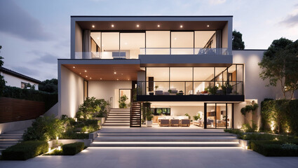 A modern two-story home with many windows is shown in a nighttime exterior view. The architecture is boxy with a flat roof and the yard is well landscaped.