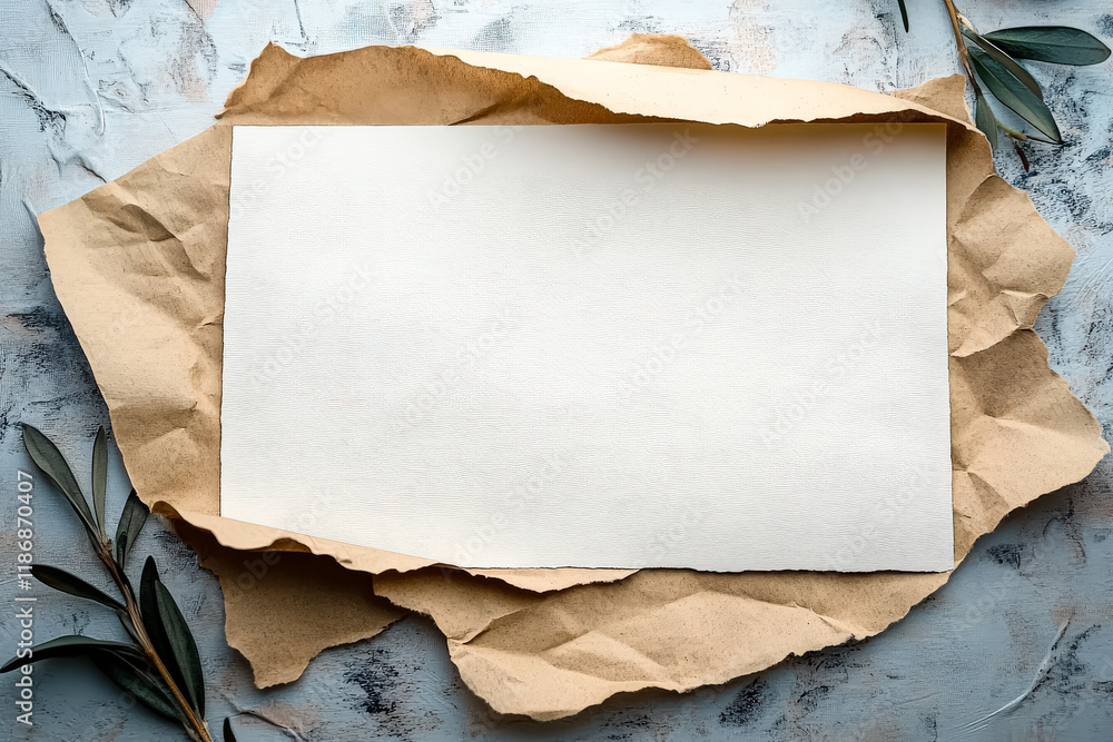 Aufkleber white piece of paper with a brown border is open to a blank space. the paper is on a table with a le