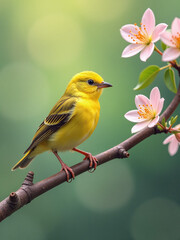 A Small Yellow Bird Is Sitting On A Summer Branch, Delicately Painting A Beautiful Canvas With Gentle Brush Strokes. 00001