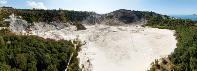 Aerial view of Solfatara in Pozzuoli, near Naples, Italy. It is a shallow volcanic crater part of...