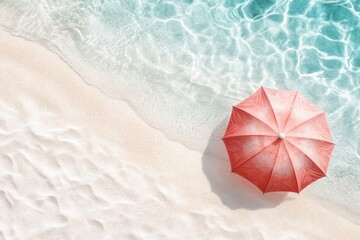 Fototapeta premium A vibrant 3D-rendered scene of a UV-protective umbrella in a futuristic beach setting, with glowing sand and crystal-clear water