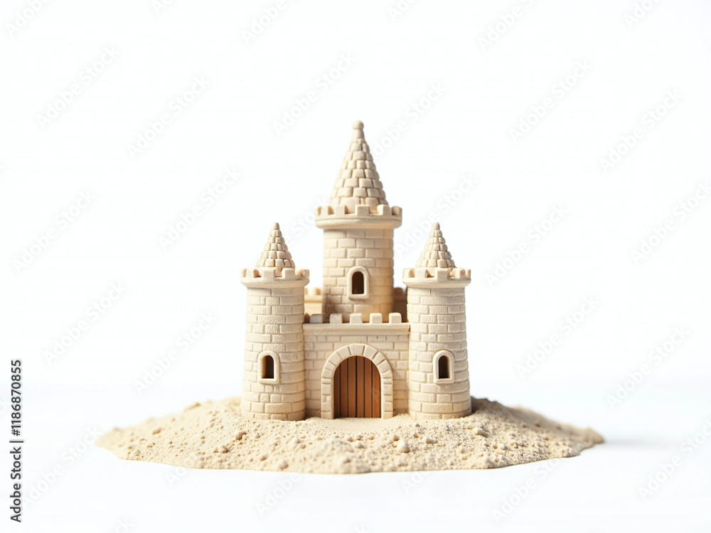 Poster a small sand castle stands alone on a white beach against a transparent png background with plenty o