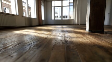 Sunlit Empty Loft with Large Windows and Natural Wooden Flooring in Urban Setting : Generative AI