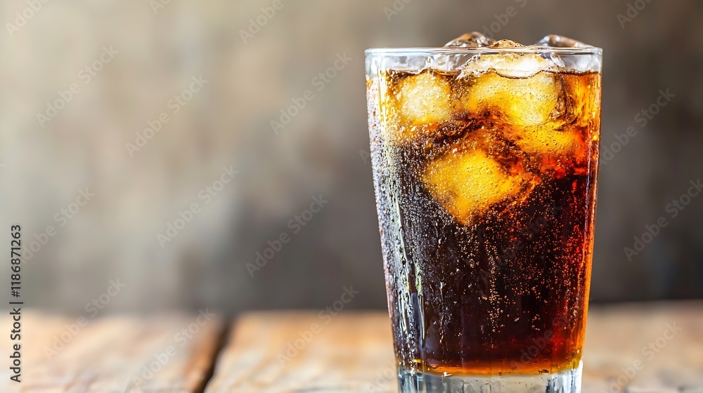 Poster refreshing glass of cola with ice on rustic wooden table in a summertime setting : generative ai