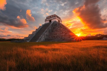 A vibrant sunset over Uxmal, casting warm hues across the ancient stone structures and the surrounding landscape
