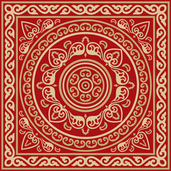 Vector square gold with red ancient Russian ornament. Slavic rectangle, border, frame. Painting of the royal chambers