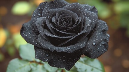 Close-up of a dark-colored rose with water droplets.