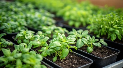 Healthy Basil Seedlings in Rows Growing in Black Planter Boxes in Greenhouse : Generative AI