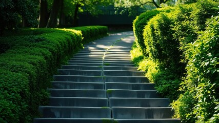 A stone staircase leading up to a lush green hedge, bathed in the warm glow of sunlight.