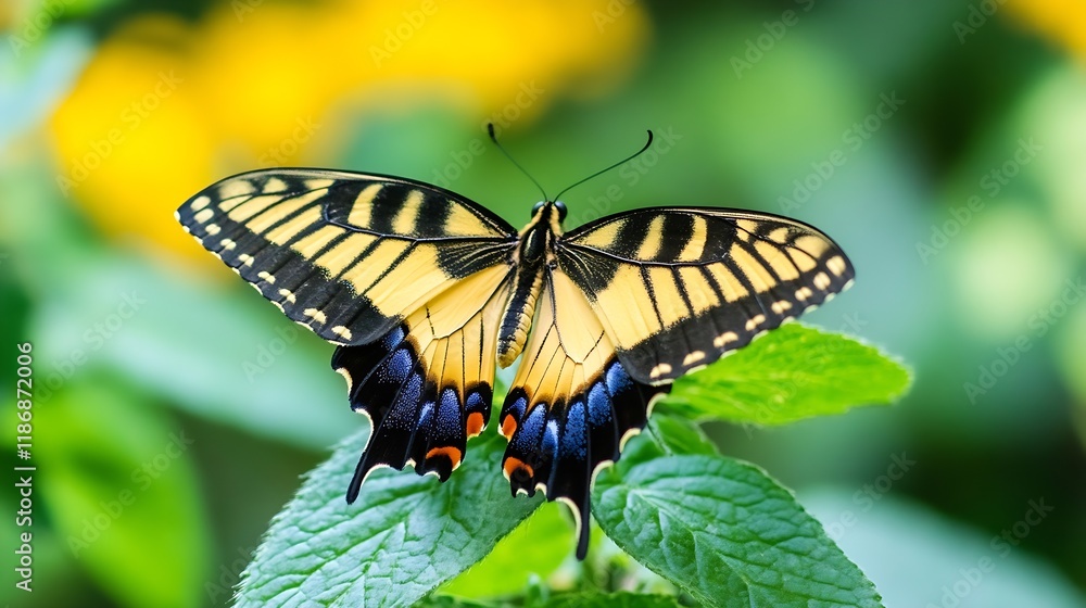 Poster closeup of a vibrant butterfly perched on green leaves with soft focus background : generative ai
