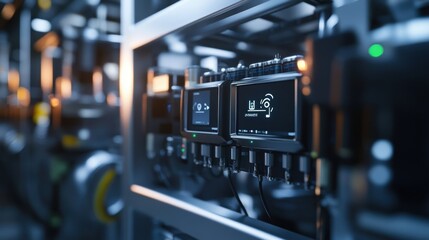 Modern factory using programmable logic controller showing wireless communication, sensors and actuators for automation and remote control in an industrial manufacturing environment