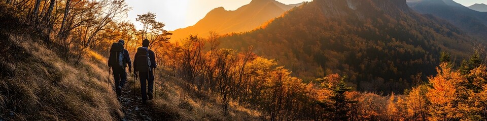 Naklejka premium Wide shot of hikers walking along a trail lined with vibrant autumn trees, with the rugged Hotaka peaks glowing under the fiery hues of sunset, in 4K resolution