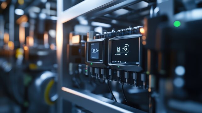 Modern factory using programmable logic controller showing wireless communication, sensors and actuators for automation and remote control in an industrial manufacturing environment