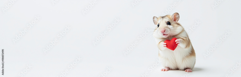 Poster a small hamster sits alone on a white background with its fur prominently displaying a bright red he