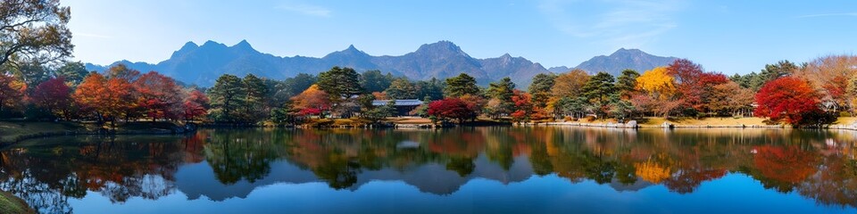 Fototapeta premium Panoramic view of Myojin Pond reflecting the warm colors of autumn, with crisp blue skies and towering peaks adding cinematic depth, in 4K resolution