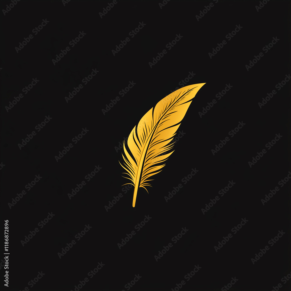 Poster minimalist feather quill pen icon designed with a simple yet elegant golden hue on a dark background
