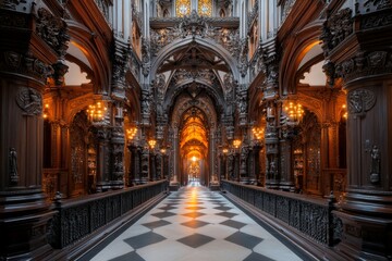 Fototapeta premium A wide-angle shot of the Juma Mosque unique wooden interior, with its tall carved columns and ornate ceilings