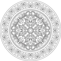 Vector black contour round classic byzantine ornament. Circle, ring, border, Ancient Greece, Eastern Roman Empire frame. Decoration of the Russian Orthodox Church