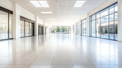 Vast Bright Empty Commercial Space with Floor to Ceiling Glass Windows : Generative AI