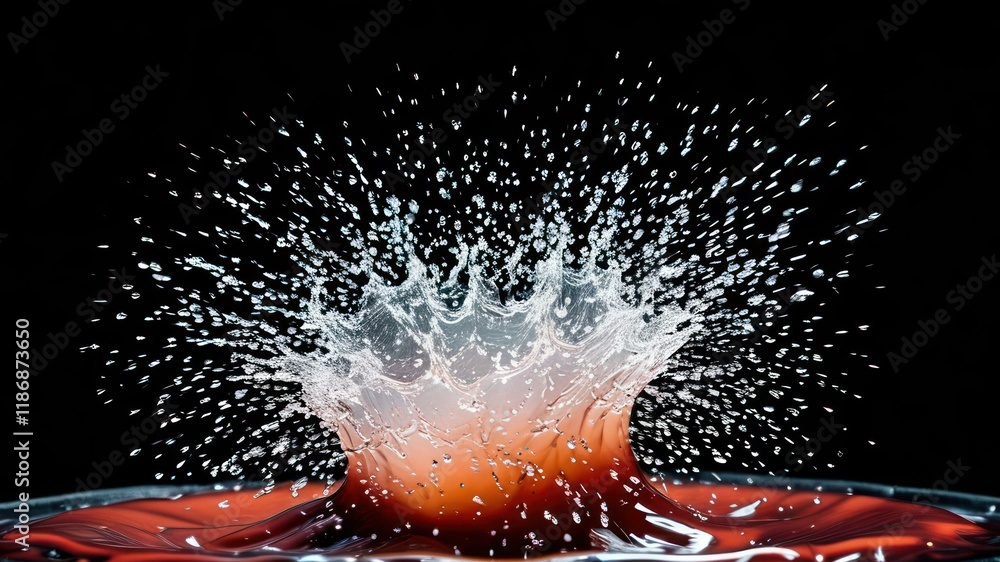 Poster vibrant splash of water with dynamic droplets, creating a visually striking and energetic image perf