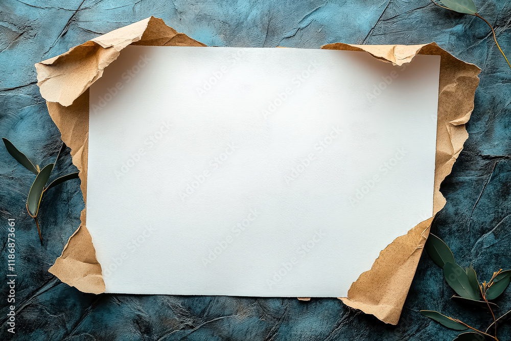 Aufkleber white piece of paper with a brown border is open to a blank space. the paper is on a table with a le