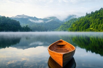 Serene Wooden Boat on Calm Lake Surrounded by Misty Mountains