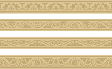 Vector set of golden seamless classic byzantine ornament. Endless border, Ancient Greece, Eastern Roman Empire frame. Decoration of the Russian Orthodox Church