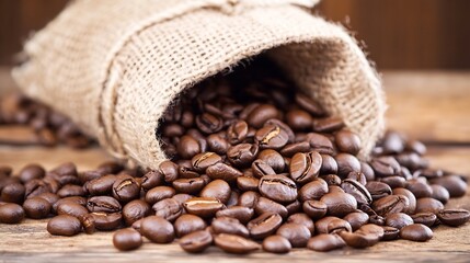 Rustic Burlap Sack with Fresh Roasted Coffee Beans on Wooden Table : Generative AI