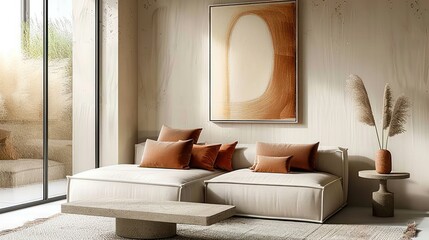 Minimalist Boho Living Room with Beige Sofa and Terra Cotta Pillows Against Stucco Wall and Art Frame