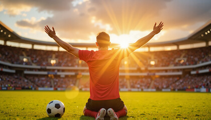 Ecstatic soccer player celebrating goal Soccer player kneeling in celebration at sunset stadium