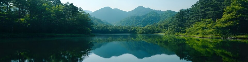 Naklejka premium Wide shot of the reflective waters of Myojin Pond, with vibrant green forests and distant peaks creating a cinematic backdrop, in 4K resolution