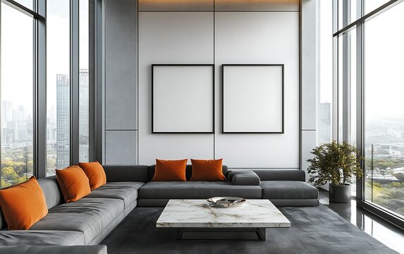 Modern apartment living room with city view, grey sofa, and two blank frames