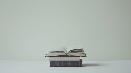 Open book on a stack of books against a white background. Minimalist study, education, and knowledge concept.