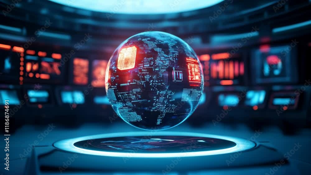 Poster in a high-tech setting, a glowing holographic globe displays data and graphics. surrounding displays