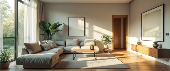 Fototapeta premium sunlit modern living room with a beige sectional sofa simple decor