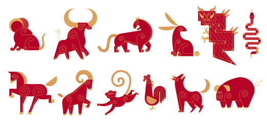  Set Trendy Chinese new year horoscope abstract red and gold geometric animals flat simple minimalist local style. Chinese zodiac calendar logo, Asian lunar astrological signs