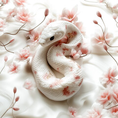 Fototapeta premium 2025 year of the Snake, Snake, Seollal, Beautiful and Elegant white Snake, with red flowers, for Korean LUNAR NEW YEAR, Chinese New Year 