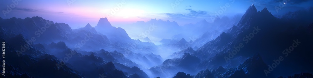 Poster panoramic view of the floating-like mountains glowing under soft twilight, with dramatic shadows cre