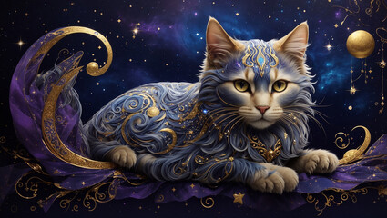 An illustration of a regal, blue-toned cat with golden accents, lying on a purple and gold cloth. The image is part of Adobe Stock upload, marked as generative content, and ready for submission.