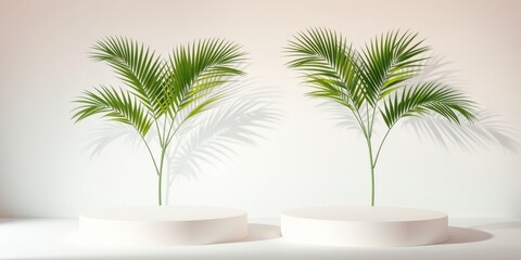 Minimalistic Still Life Featuring Two White Circular Platforms Flanked by Lush Palm Fronds Cast Against a Soft White Background