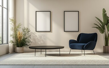Modern living room interior design, sunlight, armchair, coffee table, plants. Ideal for home decor websites