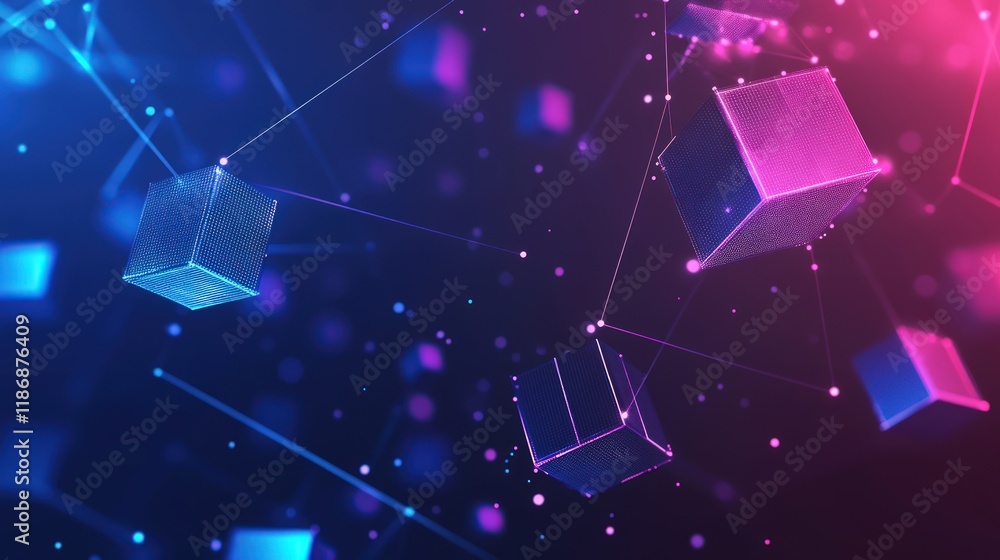 Poster abstract 3d rendering of glowing cubes and lines.