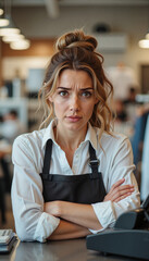Frustrated female worker in an apron at a counter