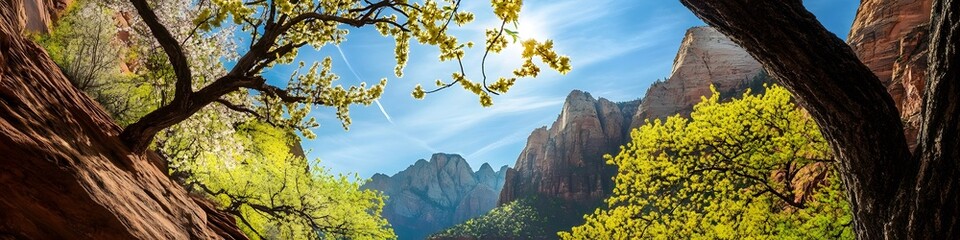 Wide-angle shot of vibrant spring blossoms framing the dramatic cliffs of the Hallelujah Mountains, in 4K resolution